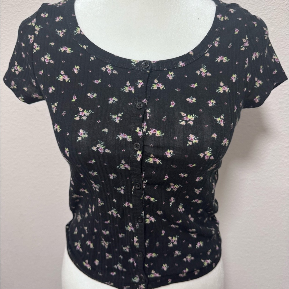 Black Flloral Black Button-Up Top